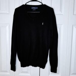 Polo Ralph Lauren Pima Cotton V-Neck Sweater Men's M Black Gray Pony Knit EUC